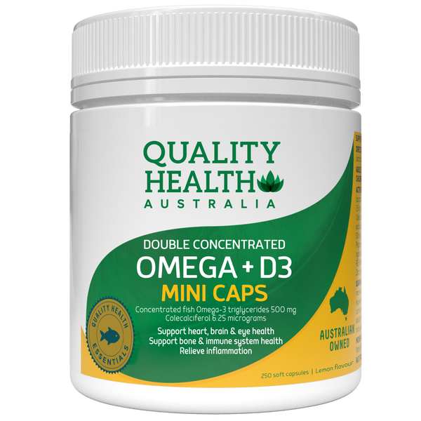 Quality Health Australia Double Concentrated Omega + Vitamin D3 250 Mini Capsules