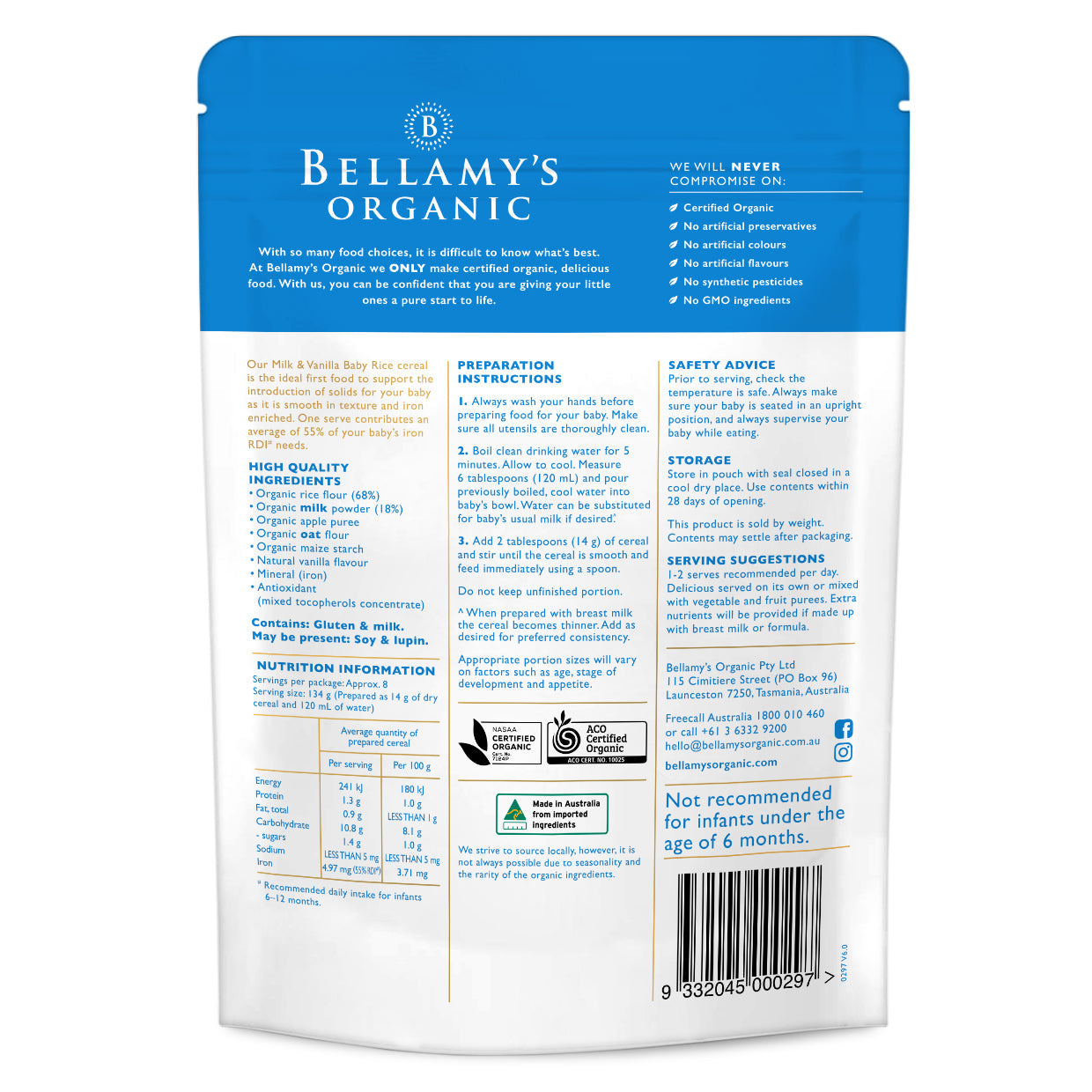 Bellamy's Organic Milk & Vanilla Baby Rice Cereal 6+ Months 125g