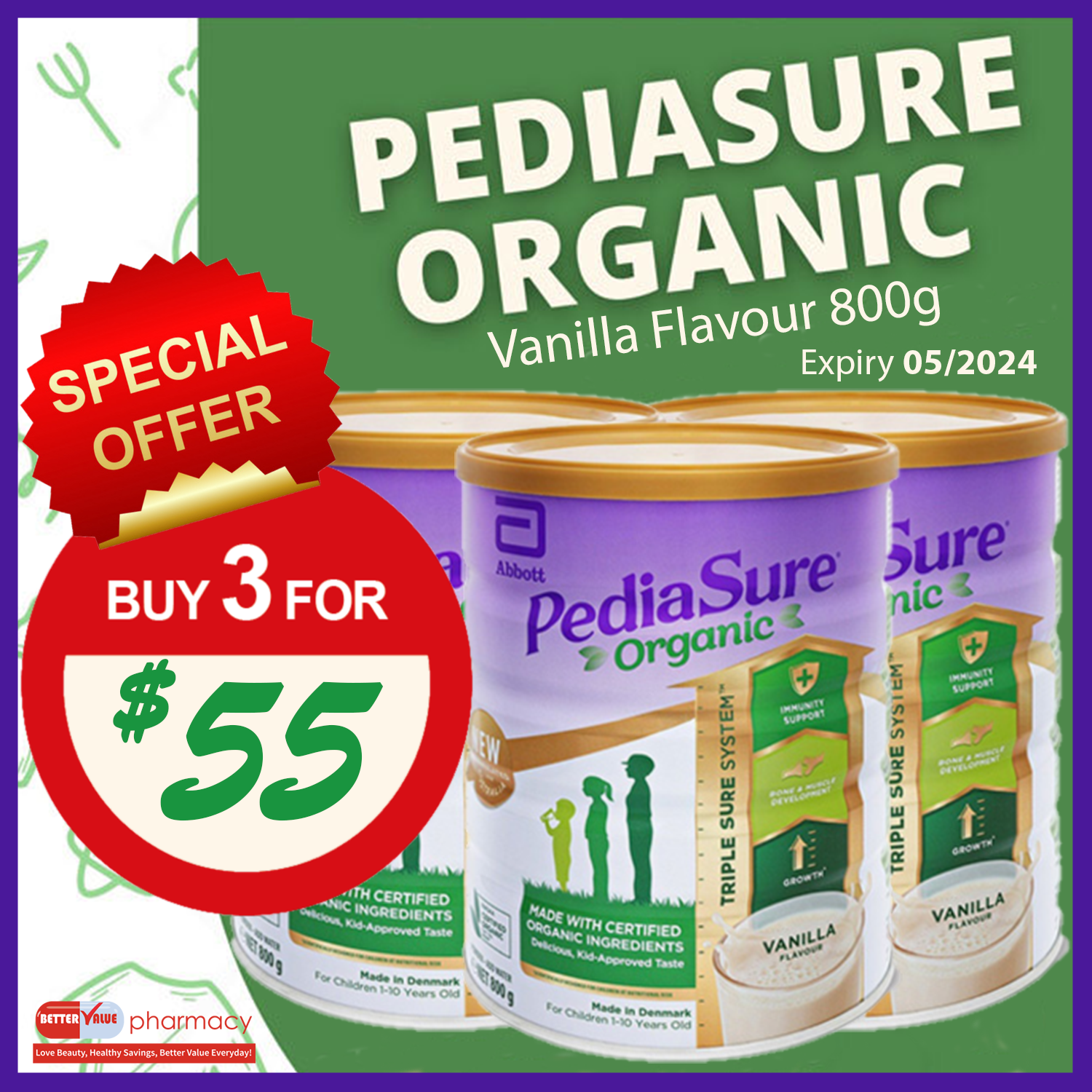 Pediasure Organic Vanilla Flavour 3 x 800g (Expiry 05/2024) - Special Bundles