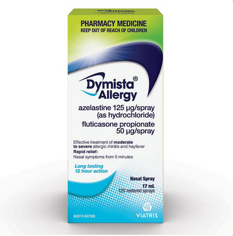 Dymista Allergy Azelastine (125mcg) Fluticasone (50mcg) Propionate Nasal Spray 17mL (Limit ONE per Order) Dymista Allergy Azelastine (125mcg) Fluticasone (50mcg) Propionate Nasal Spray 17mL (Limit ONE per Order)