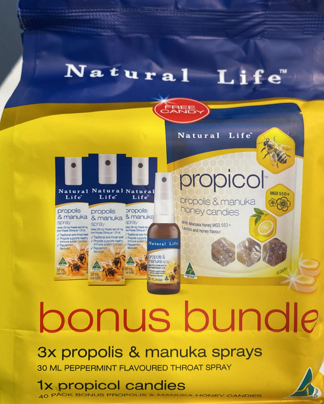 Natural Life Propolis & Manuka Honey Spray pack -3x 30mL + Free Candy Pack