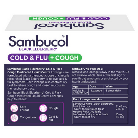 Sambucol Cold & Flu + Cough Medicated Liquid Center 24 Lozenges Sambucol Cold & Flu + Cough Medicated Liquid Center 24 Lozenges