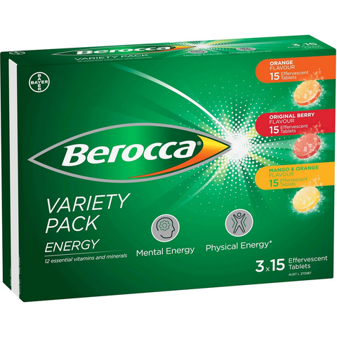 Berocca Energy Vitamin Effervescent Tablets Variety Pack 3 x 15 Pack Berocca Energy Vitamin Effervescent Tablets Variety Pack 3 x 15 Pack