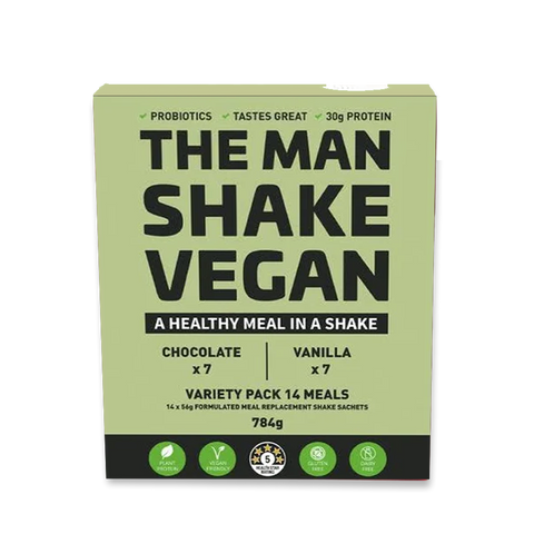 The Man Shake Vegan Meal Replacement Variety 56g x 14 Pack The Man Shake Vegan Meal Replacement Variety 56g x 14 Pack