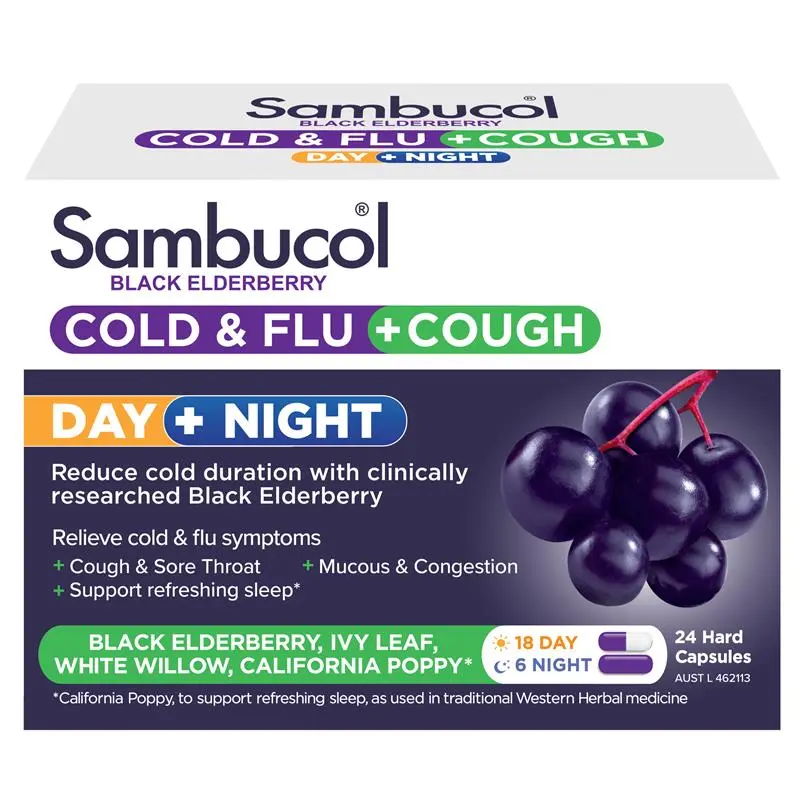 Sambucol Cold & Flu + Cough Day & Night 24 Capsules