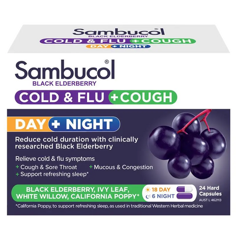 Sambucol Cold & Flu + Cough Day & Night 24 Capsules Sambucol Cold & Flu + Cough Day & Night 24 Capsules