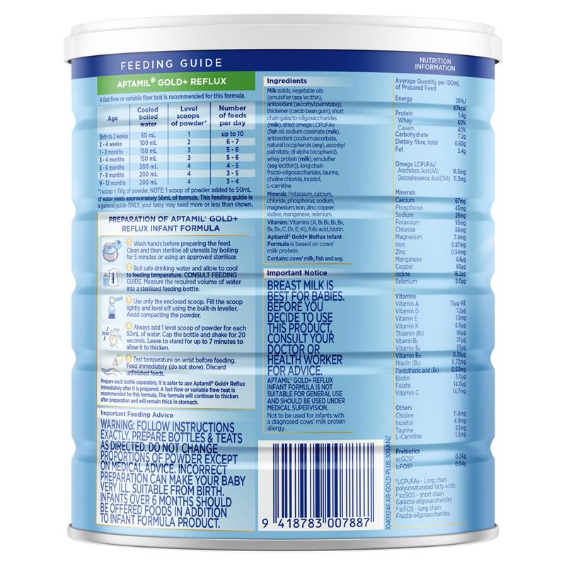 Aptamil Gold+ Reflux Baby Infant Formula Regurgitation or Mild Reflux From Birth to 12 Months 900g Aptamil Gold+ Reflux Baby Infant Formula Regurgitation or Mild Reflux From Birth to 12 Months 900g