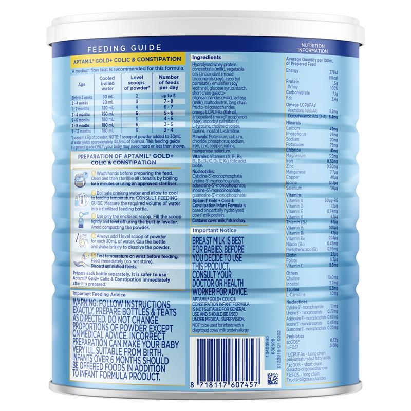 Aptamil Gold+ Colic & Constipation Baby Infant Formula From Birth to 12 Months 900g Aptamil Gold+ Colic & Constipation Baby Infant Formula From Birth to 12 Months 900g
