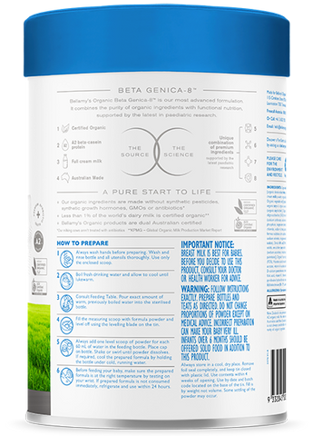 Bellamy’s Organic Beta Genica-8 Step 1 Infant Formula 0 - 6 Months 800g Bellamy’s Organic Beta Genica-8 Step 1 Infant Formula 0 - 6 Months 800g
