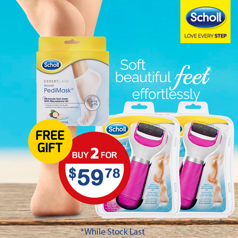 Scholl Velvet Smooth Electronic Foot File For Hard Skin Pink x 2 + PediMask with Macadamia Oil 1 Pair - Special Bundle
