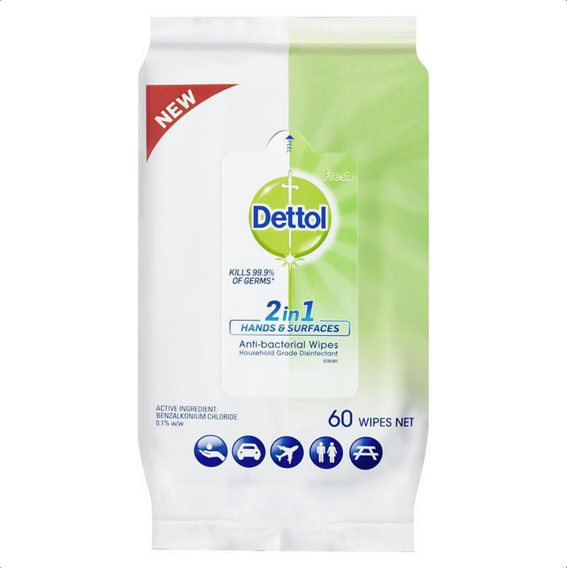Dettol 2 in 1 Hands & Surfaces Antibacterial 60 Wipes