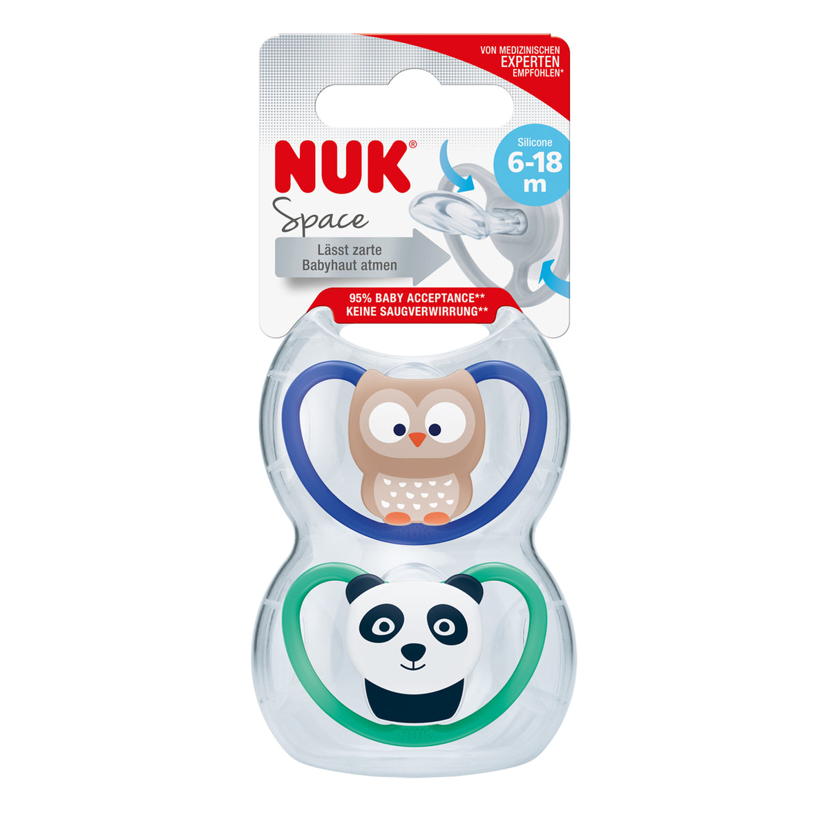 Nuk Space Baby Soother Silicone 6-18 Months, With Extra Ventilation, BPA-Free Silicone, 2 Pack - Assorted