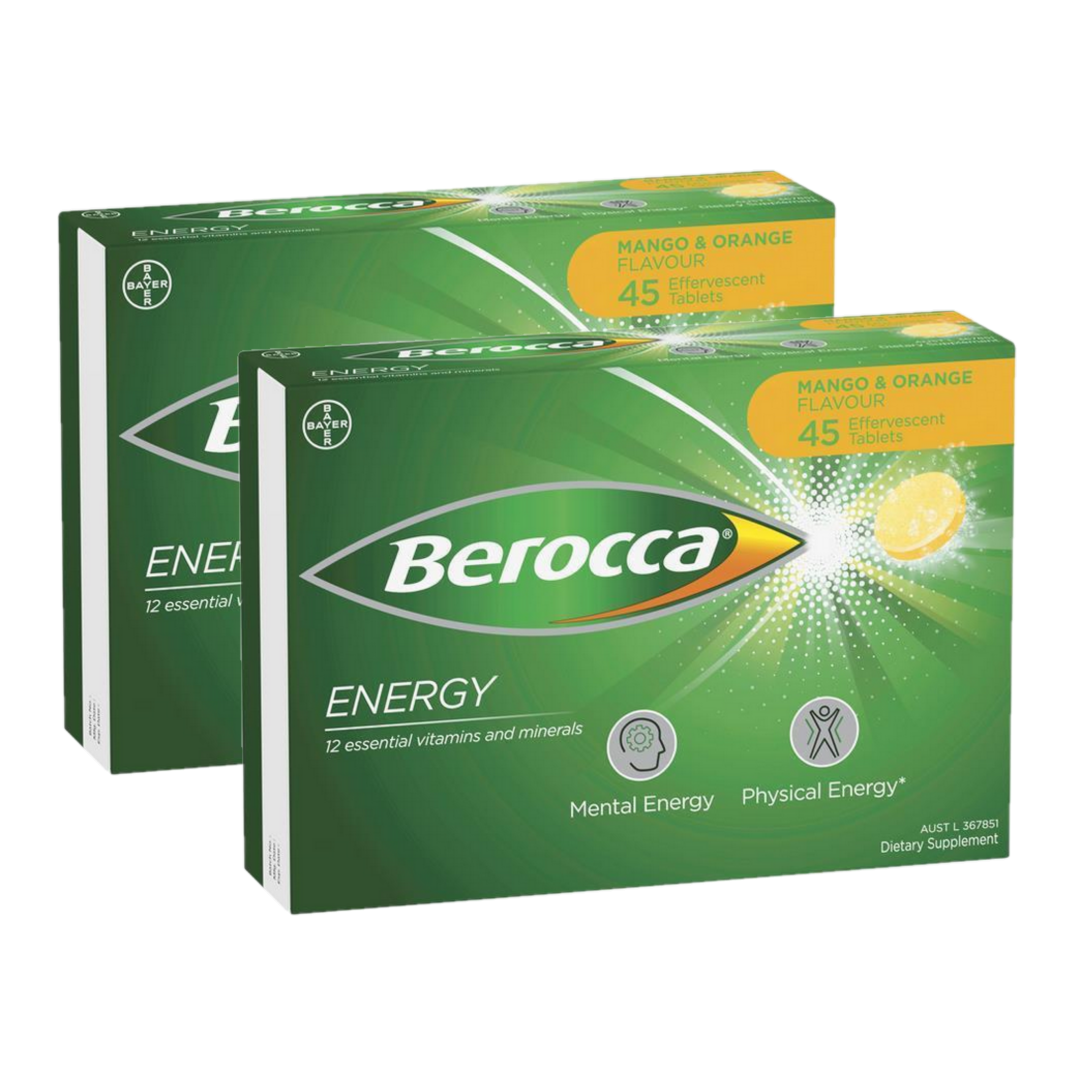 Berocca Energy Vitamin B & C Mango & Orange Flavour Effervescent Tablets 2 x 45 Packs - Special Bundles