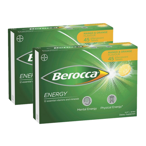 Berocca Energy Vitamin B & C Mango & Orange Flavour Effervescent Tablets 2 x 45 Packs - Special Bundles