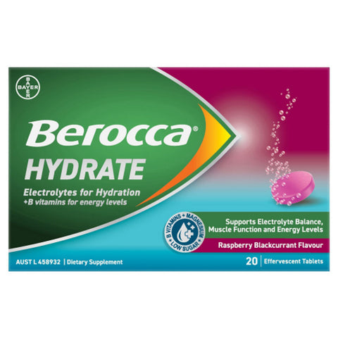 Berocca Hydrate Electrolytes + B Vitamins Raspberry Blackcurrant Effervescent 20 Tablets