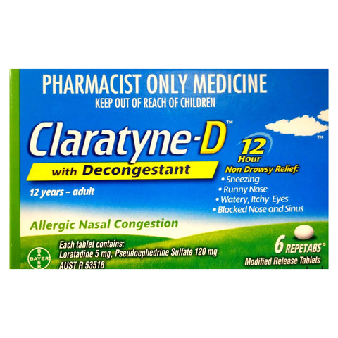Claratyne-D with Decongestant 12Hrs 6 Repetabs (S3) (Limit of ONE per Order)