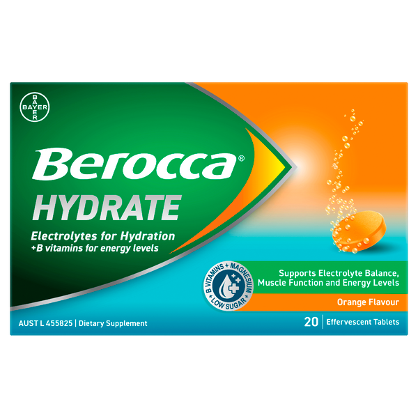 Berocca Hydrate Electrolytes + B Vitamins Orange Effervescent 20 Tablets