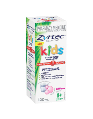 Zyrtec Kids Antihistamine Allergy & Hayfever Oral Liquid Bubblegum 120mL (LIMIT of ONE per ORDER)