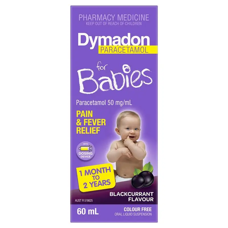 Dymadon Paracetamol for Babies Blackcurrant 1 Month - 2 Years 60mL (Limit ONE per Order)