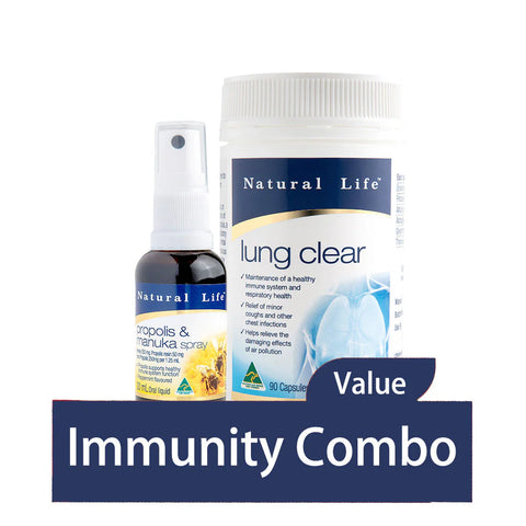 Natural Life Immunity Value Combo (Lung Clear 90 Capsules + Propolis & Manuka Honey Spray 30mL)