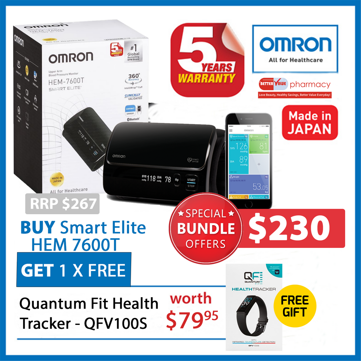 Omron Smart Elite HEM 7600T Blood Pressure Monitor Bluetooth Tubeless + Quantum Fit Health Tracker - QFV100S - Special Bundle