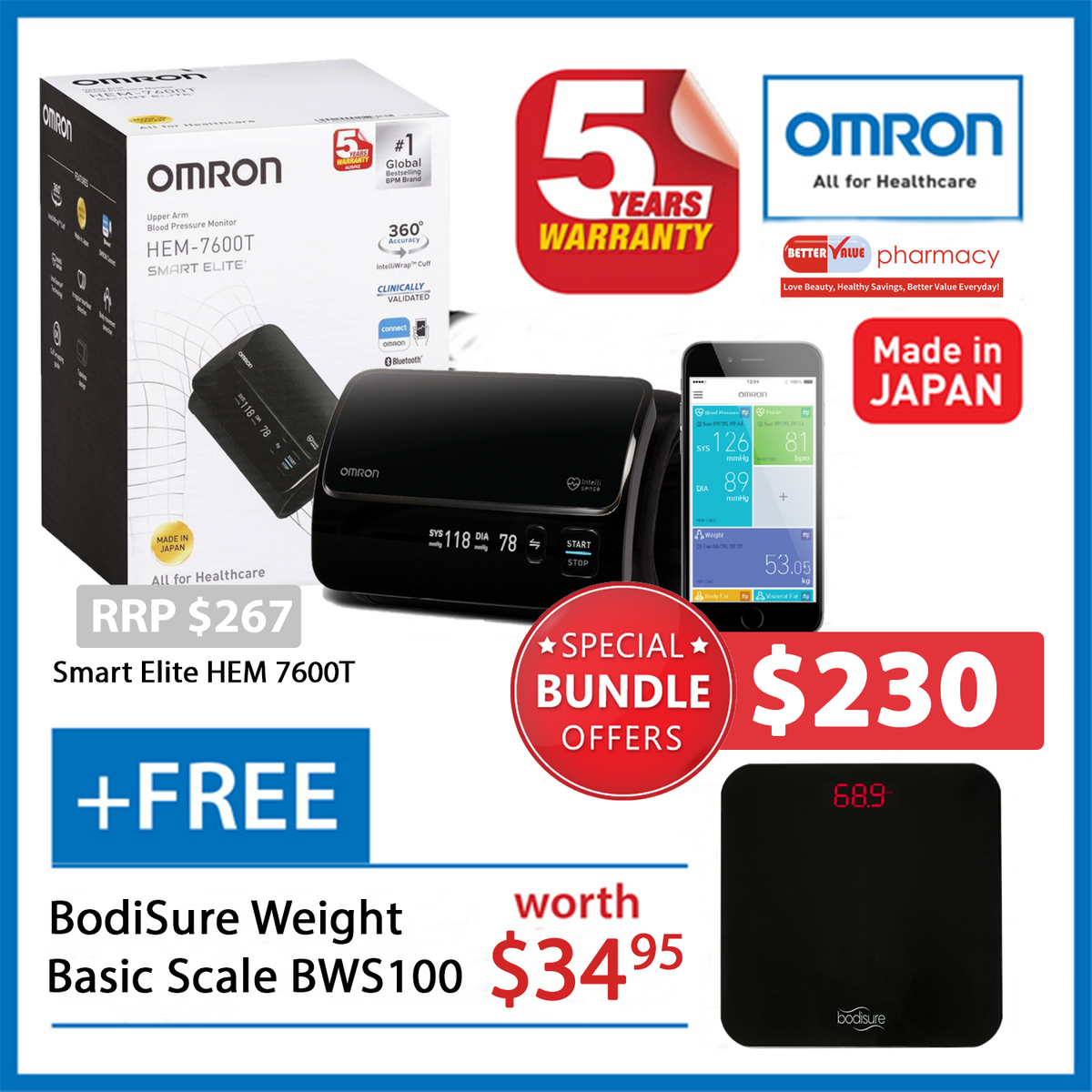 Omron Smart Elite HEM 7600T Blood Pressure Monitor Bluetooth Tubeless + BodiSure Weight Basic Scale BWS100 Special Bundle