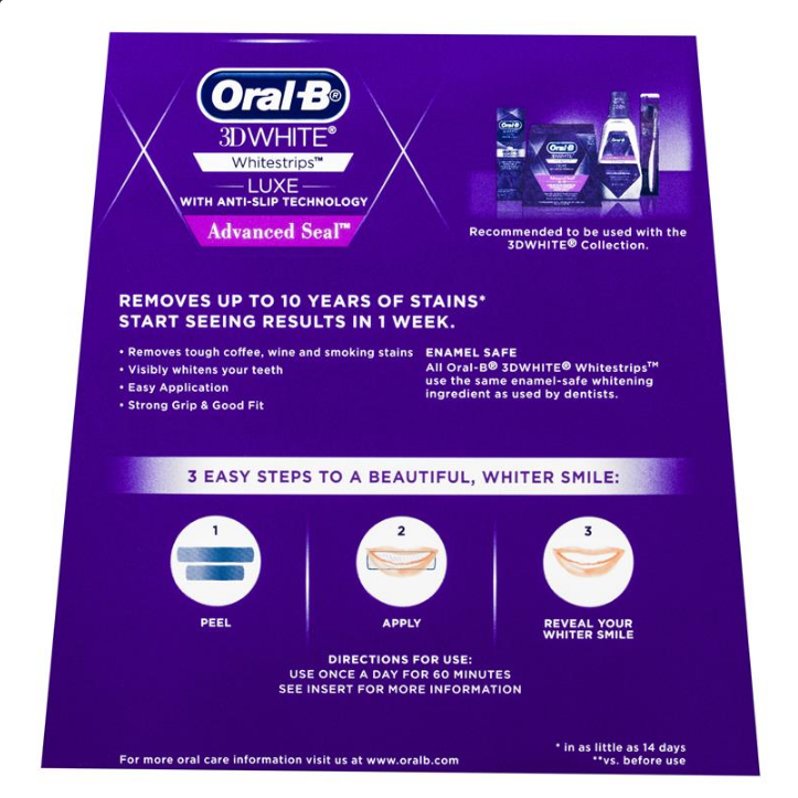 Oral B 3D White Luxe Advanced Seal 14 Teeth Whitening Treatments (expiry 12/24)
