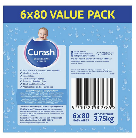Curash Simply Water Wipes 6 x 80 Packs