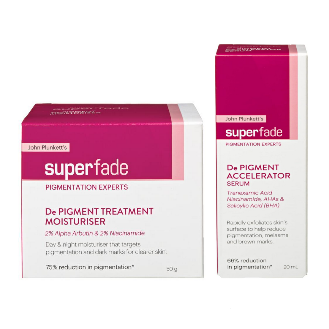 John Plunkett's SuperFade De Pigment Treatment Moisturiser 50g + De Pigment Accelerator Serum 20mL - Special Bundle