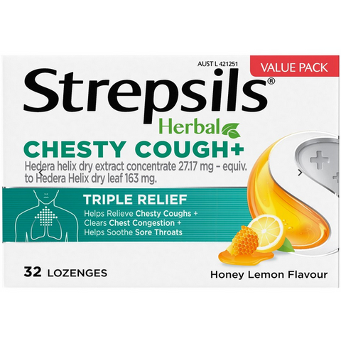 Strepsils Herbal Chesty Cough+ Triple Relief Lozenges Honey Lemon 32 Pack