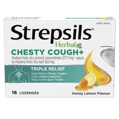 Strepsils Herbal Chesty Cough+ Triple Relief Lozenges Honey Lemon 16 Pack