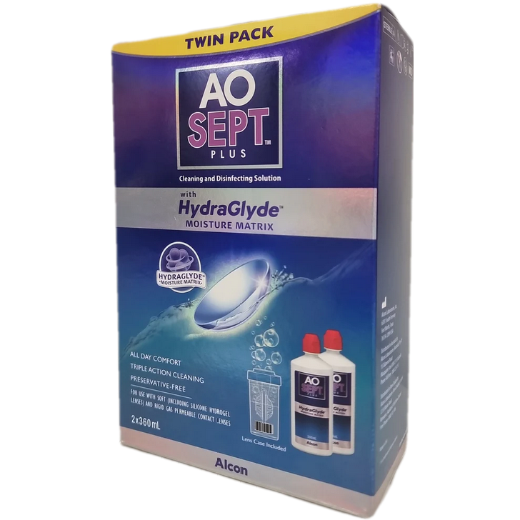 Aosept Plus with HydraGlyde Twin Pack 2 x 360mL + 1 Lens Case