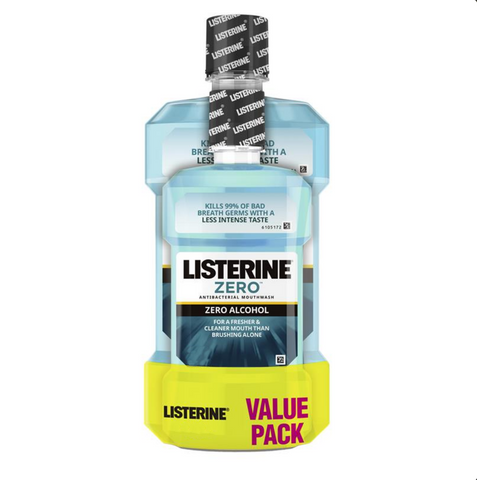 Listerine Zero Alcohol Antibacterial Mouthwash Less Intense Taste 1 Litre + 250mL Value Pack