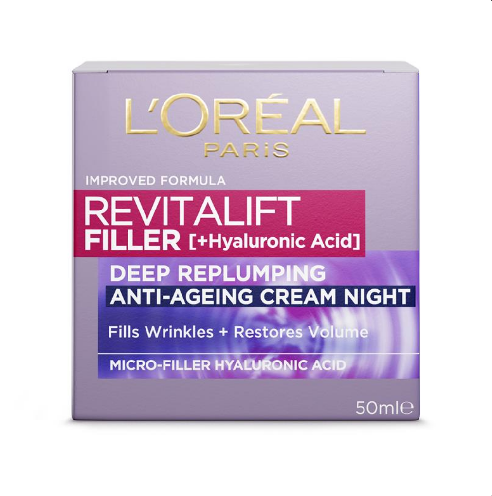 L'Oreal Paris Revitalift Filler Anti-Ageing Revolumising Night Cream With Hyaluronic Acid Moisturiser 50mL