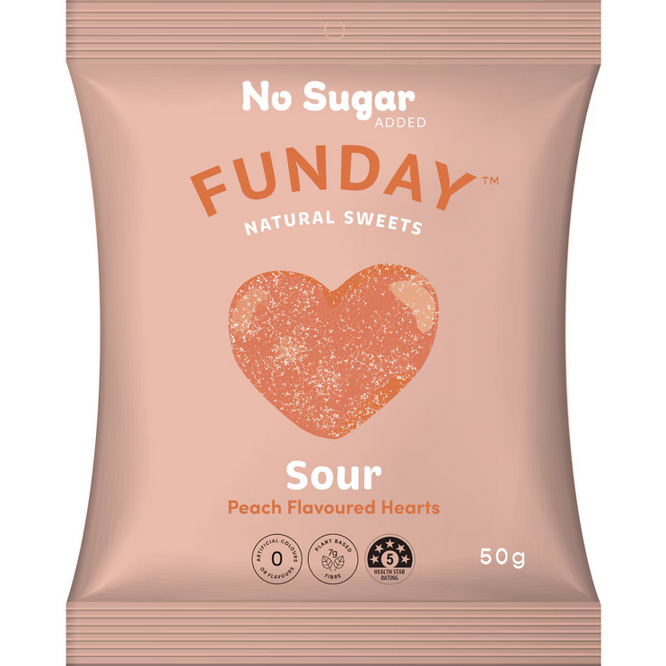 Funday Natural Sweets No Sugar Added Sour Peach Flavoured Hearts 50g