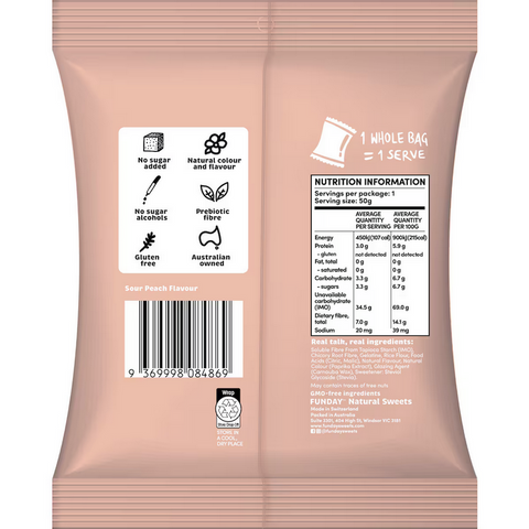 Funday Natural Sweets No Sugar Added Sour Peach Flavoured Hearts 50g