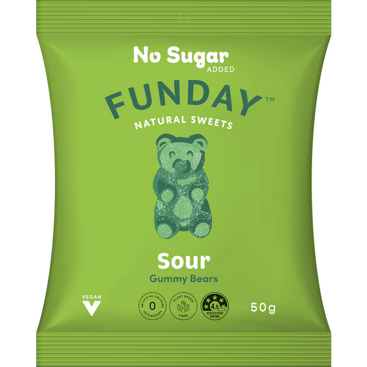 Funday Natural Sweets No Sugar Added Vegan Sour Gummy Bears 50g