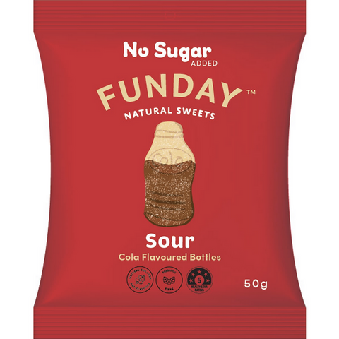 Funday Natural Sweets No Sugar Added Sour Cola Flavoured Bottles 50g