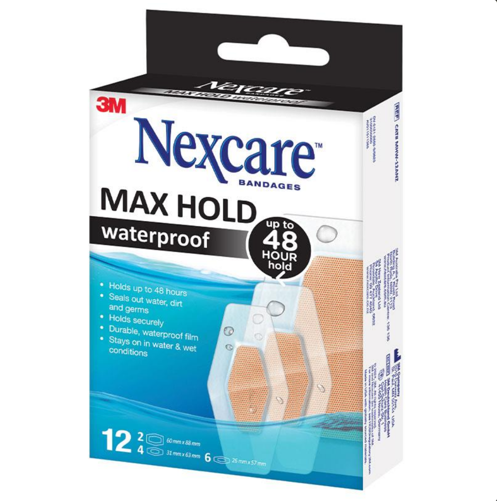 Nexcare Max Hold Waterproof Bandages Assorted 12 Pack