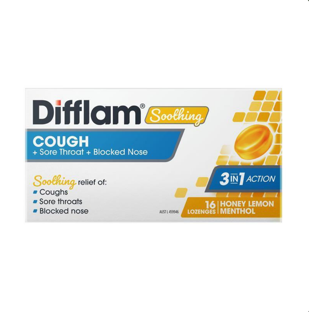 Difflam Soothing Cough + Sore Throat + Blocked Nose Honey Lemon 16 Lozenges