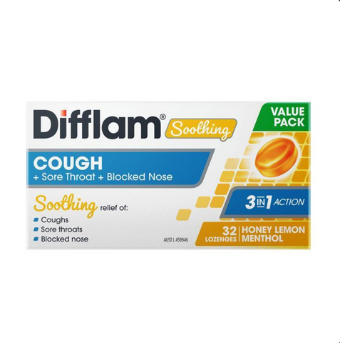 Difflam Soothing Cough + Sore Throat + Blocked Nose Honey Lemon 32 Lozenges