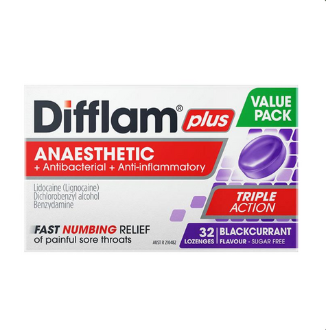 Difflam Plus Triple Action Blackcurrant 32 Lozenges