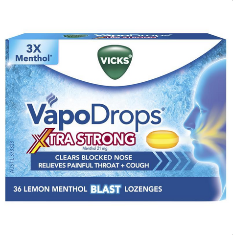 Vicks VapoDrops + Cough Xtra Strong Lemon Menthol Blast 36 Lozenges