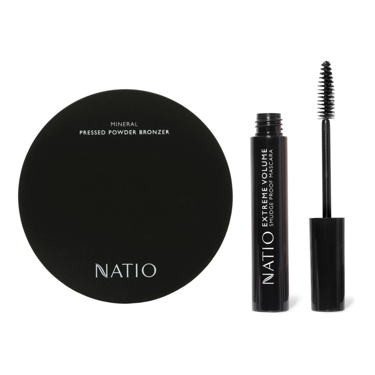 Natio Extreme Volume Smudge Proof Mascara Black + Mineral Pressed Powder Bronzer 18.1g - Special Bundle