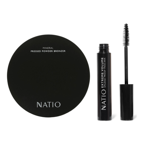 Natio Extreme Volume Smudge Proof Mascara Black + Mineral Pressed Powder Bronzer 18.1g - Special Bundle