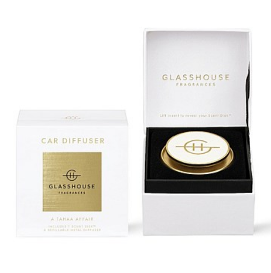 GlassHouse Fragrances A Tahaa Affair Fragrance Gold Car Diffuser with 1 Replacement Scent Disk