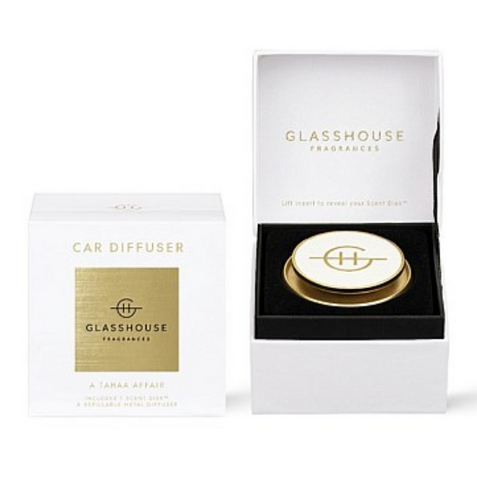 GlassHouse Fragrances A Tahaa Affair Fragrance Gold Car Diffuser with 1 Replacement Scent Disk