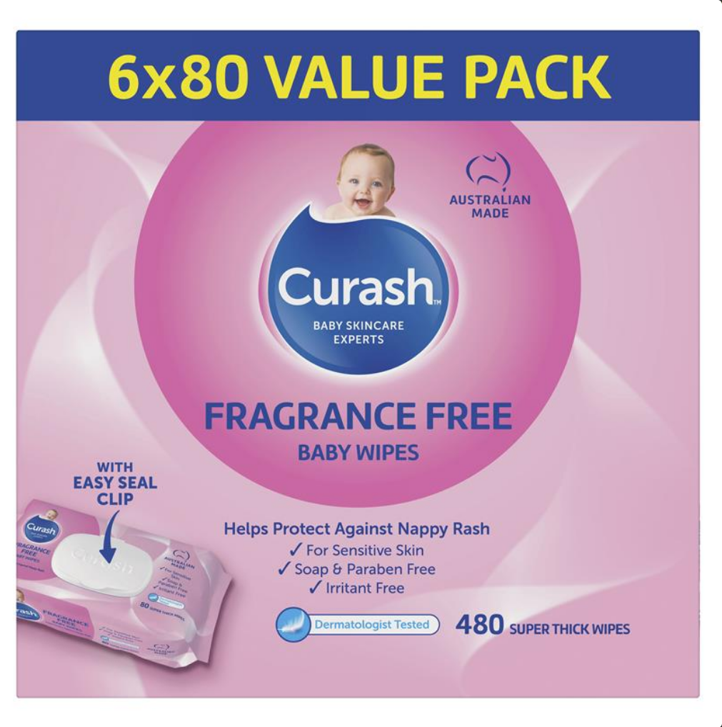 Curash Babycare Fragrance Free Wipes 6 x 80 Packs