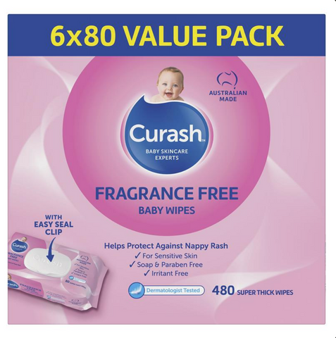 Curash Babycare Fragrance Free Wipes 6 x 80 Packs