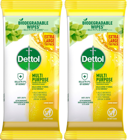 Dettol Multipurpose Disinfectant Wipes Lemon Burst 2 x 150 Pack